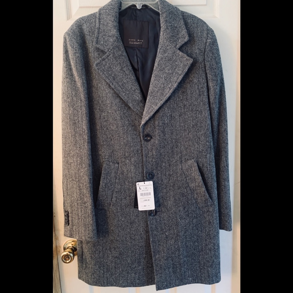 Zara Man NWT Tweed Topcoat 70% Wool